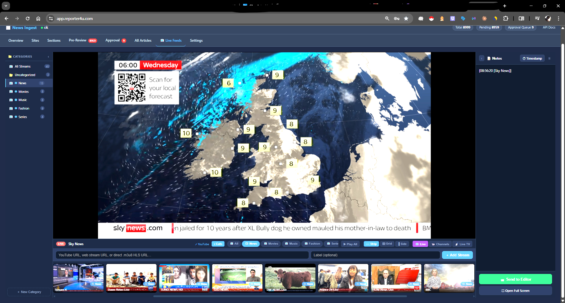 Reporter4U live newsroom dashboard with multiple news feeds and editorial notes
